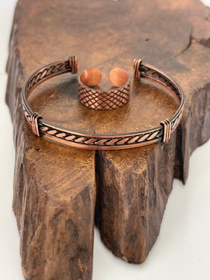 Ayarlanabilir %100 Saf Bakır Bileklik Bakır Yüzük Kombini El Yapımı Bileklik Yüzük