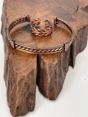 Ayarlanabilir %100 Saf Bakır Bileklik Bakır Yüzük Kombini El Yapımı Bileklik Yüzük