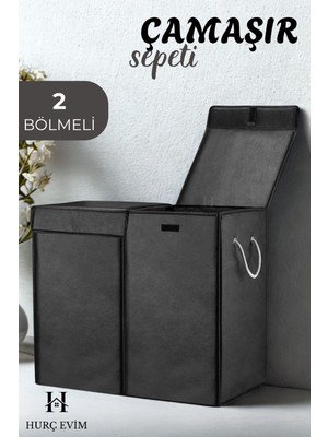 2 Bölmeli Siyah Çamaşır Sepeti, Katlanabilir, Kulplu, Su Geçirmez, Ev ve Banyo Kullanımı