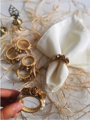 Altın Gül Desenli 6'lı Peçete Yüzüğü, Şık ve Zarif Masa Aksesuarı