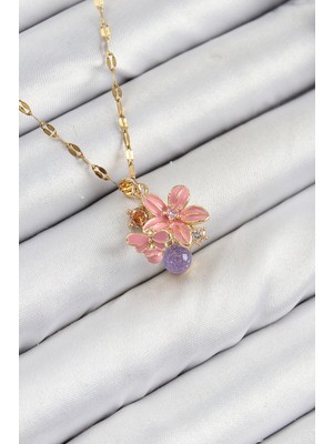 316L Çelik Zirkon Taşlı Arı Detaylı Pembe Çiçek Model Gold Renk Kadın Kolye - TJ-BKO10442