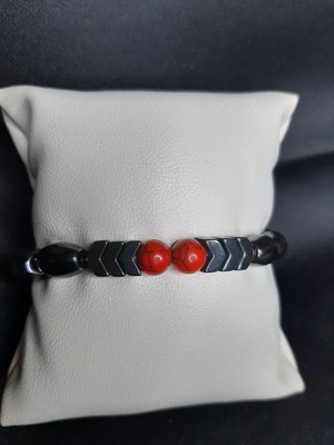 Mryart Kırmızı Akik Taşı ve Metalik Füme Oniks Taşlı Unisex Bileklik