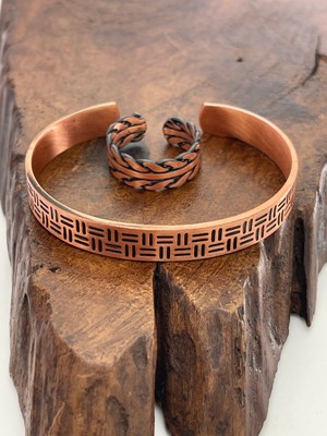 Ayarlanabilir %100 Saf Bakır Bileklik Bakır Yüzük Kombini El Yapımı Bileklik Yüzük