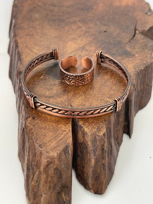 Ayarlanabilir %100 Saf Bakır Bileklik Bakır Yüzük Kombini El Yapımı Bileklik Yüzük