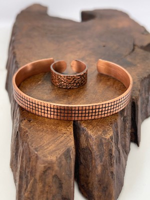 Ayarlanabilir %100 Saf Bakır Bileklik Bakır Yüzük Kombini El Yapımı Bileklik Yüzük