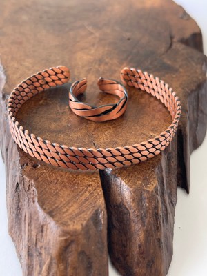 Ayarlanabilir %100 Saf Bakır Bileklik Bakır Yüzük Kombini El Yapımı Bileklik Yüzük