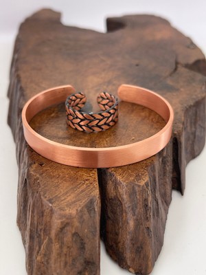 Ayarlanabilir %100 Saf Bakır Bileklik Bakır Yüzük Kombini El Yapımı Bileklik Yüzük