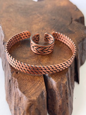 Ayarlanabilir %100 Saf Bakır Bileklik Bakır Yüzük Kombini El Yapımı Bileklik Yüzük