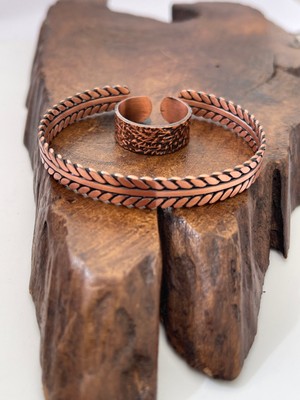 Ayarlanabilir %100 Saf Bakır Bileklik Bakır Yüzük Kombini El Yapımı Bileklik Yüzük