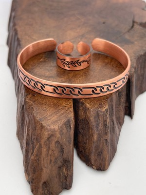 Ayarlanabilir %100 Saf Bakır Bileklik Bakır Yüzük Kombini El Yapımı Bileklik Yüzük