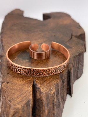 Ayarlanabilir %100 Saf Bakır Bileklik Bakır Yüzük Kombini El Yapımı Bileklik Yüzük