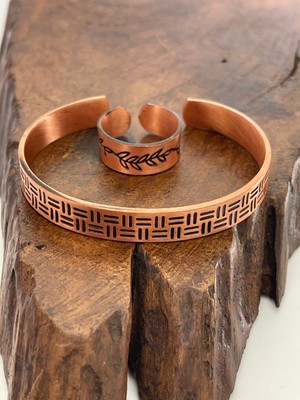 Ayarlanabilir %100 Saf Bakır Bileklik Bakır Yüzük Kombini El Yapımı Bileklik Yüzük