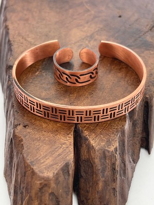 Ayarlanabilir %100 Saf Bakır Bileklik Bakır Yüzük Kombini El Yapımı Bileklik Yüzük