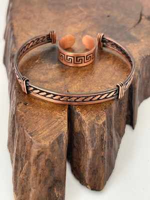 Ayarlanabilir %100 Saf Bakır Bileklik Bakır Yüzük Kombini El Yapımı Bileklik Yüzük