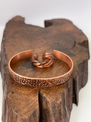 Ayarlanabilir %100 Saf Bakır Bileklik Bakır Yüzük Kombini El Yapımı Bileklik Yüzük