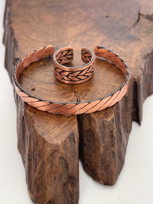 Ayarlanabilir %100 Saf Bakır Bileklik Bakır Yüzük Kombini El Yapımı Bileklik Yüzük