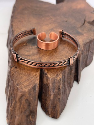 Ayarlanabilir %100 Saf Bakır Bileklik Bakır Yüzük Kombini El Yapımı Bileklik Yüzük
