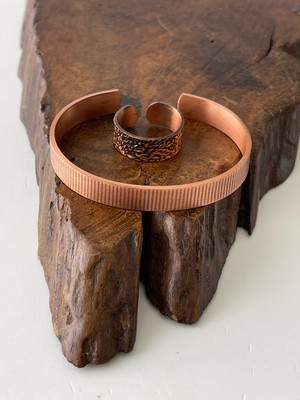 Ayarlanabilir %100 Saf Bakır Bileklik Bakır Yüzük Kombini El Yapımı Bileklik Yüzük