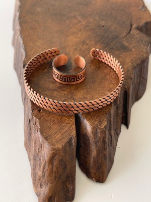 Ayarlanabilir %100 Saf Bakır Bileklik Bakır Yüzük Kombini El Yapımı Bileklik Yüzük