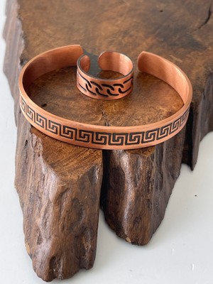 Ayarlanabilir %100 Saf Bakır Bileklik Bakır Yüzük Kombini El Yapımı Bileklik Yüzük