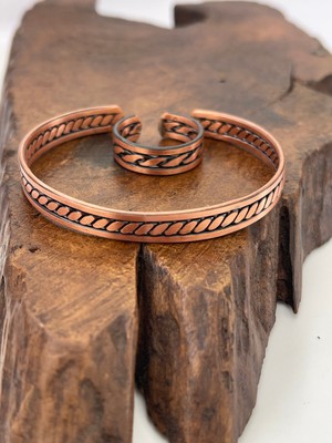 Ayarlanabilir %100 Saf Bakır Bileklik Bakır Yüzük Kombini El Yapımı Bileklik Yüzük