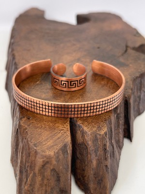 Ayarlanabilir %100 Saf Bakır Bileklik Bakır Yüzük Kombini El Yapımı Bileklik Yüzük