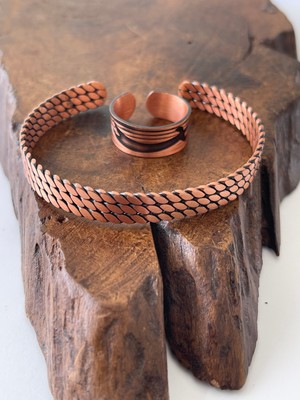 Ayarlanabilir %100 Saf Bakır Bileklik Bakır Yüzük Kombini El Yapımı Bileklik Yüzük