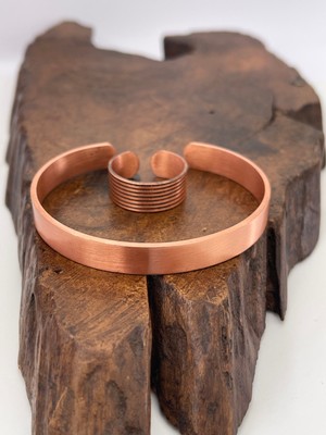 Ayarlanabilir %100 Saf Bakır Bileklik Bakır Yüzük Kombini El Yapımı Bileklik Yüzük