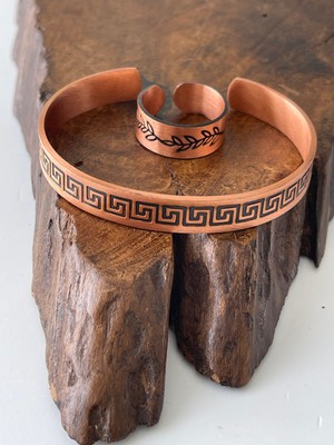 Ayarlanabilir %100 Saf Bakır Bileklik Bakır Yüzük Kombini El Yapımı Bileklik Yüzük