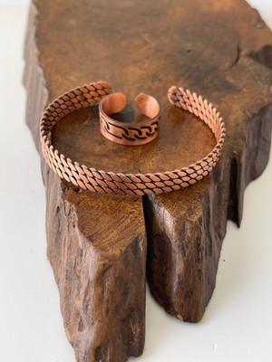 Ayarlanabilir %100 Saf Bakır Bileklik Bakır Yüzük Kombini El Yapımı Bileklik Yüzük