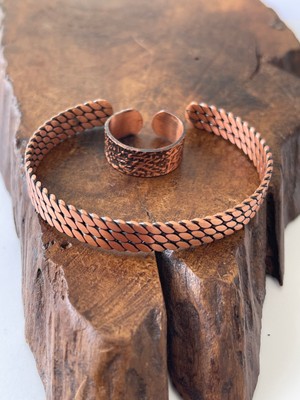 Ayarlanabilir %100 Saf Bakır Bileklik Bakır Yüzük Kombini El Yapımı Bileklik Yüzük