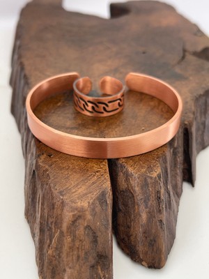 Ayarlanabilir %100 Saf Bakır Bileklik Bakır Yüzük Kombini El Yapımı Bileklik Yüzük