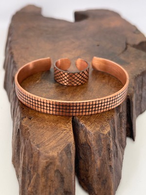 Ayarlanabilir %100 Saf Bakır Bileklik Bakır Yüzük Kombini El Yapımı Bileklik Yüzük