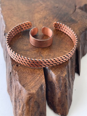 Ayarlanabilir %100 Saf Bakır Bileklik Bakır Yüzük Kombini El Yapımı Bileklik Yüzük