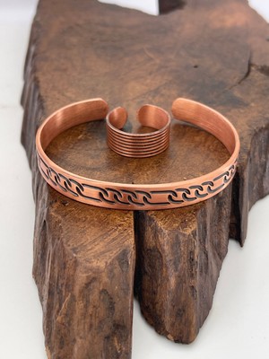 Ayarlanabilir %100 Saf Bakır Bileklik Bakır Yüzük Kombini El Yapımı Bileklik Yüzük