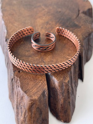 Ayarlanabilir %100 Saf Bakır Bileklik Bakır Yüzük Kombini El Yapımı Bileklik Yüzük