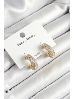Pirinç Zirkon Taşlı Halka Model Gold Renk Kadın Küpe