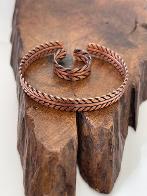 Ayarlanabilir %100 Saf Bakır Bileklik Bakır Yüzük Kombini El Yapımı Bileklik Yüzük