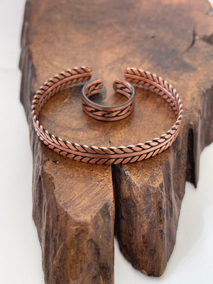 Ayarlanabilir %100 Saf Bakır Bileklik Bakır Yüzük Kombini El Yapımı Bileklik Yüzük