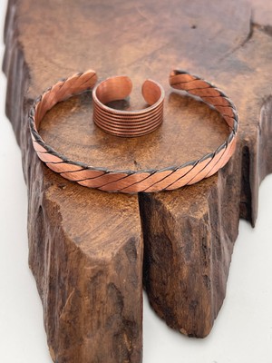 Ayarlanabilir %100 Saf Bakır Bileklik Bakır Yüzük Kombini El Yapımı Bileklik Yüzük