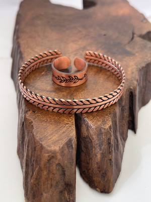 Ayarlanabilir %100 Saf Bakır Bileklik Bakır Yüzük Kombini El Yapımı Bileklik Yüzük