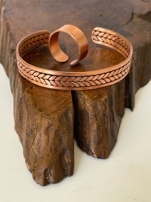Ayarlanabilir %100 Saf Bakır Bileklik Bakır Yüzük Kombini El Yapımı Bileklik Yüzük