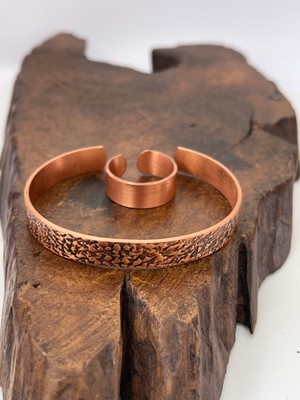 Ayarlanabilir %100 Saf Bakır Bileklik Bakır Yüzük Kombini El Yapımı Bileklik Yüzük