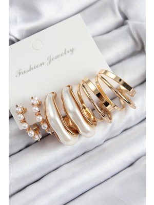 Pirinç Incili Halka Model Gold Renk Kadın Set Küpe