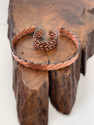 Ayarlanabilir %100 Saf Bakır Bileklik Bakır Yüzük Kombini El Yapımı Bileklik Yüzük