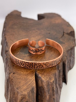 Ayarlanabilir %100 Saf Bakır Bileklik Bakır Yüzük Kombini El Yapımı Bileklik Yüzük