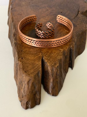 Ayarlanabilir %100 Saf Bakır Bileklik Bakır Yüzük Kombini El Yapımı Bileklik Yüzük