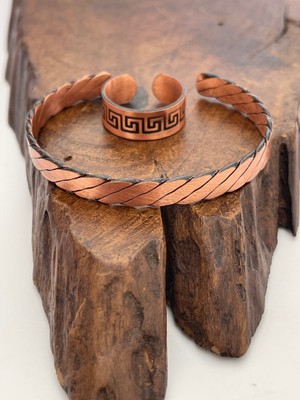 Ayarlanabilir %100 Saf Bakır Bileklik Bakır Yüzük Kombini El Yapımı Bileklik Yüzük