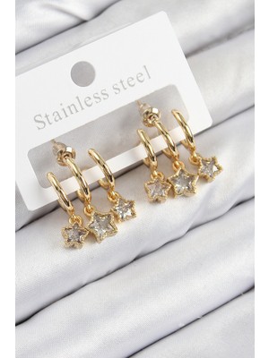 Pirinç Zirkon Taşlı Sallantılı Yıldız Model Gold Renk Kadın Küpe