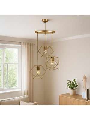 Zambak Desenli 3'lü Tepsi Avize, Eskitme, 90X50X50 Cm, Kahverengi